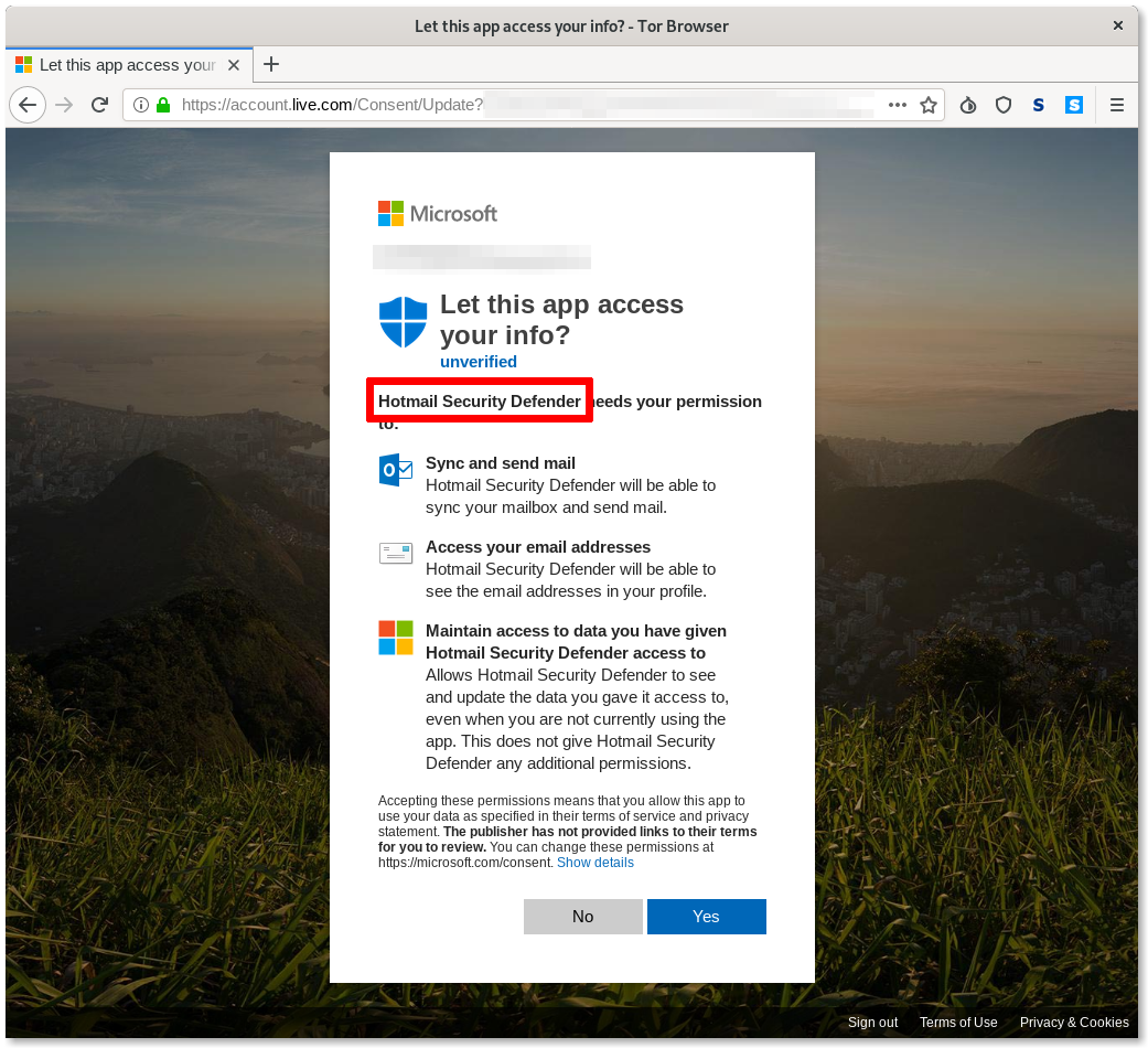 Example of Outlook OAuth phishing attack targeting MENA journalists in 2019 (Source: Amnesty)